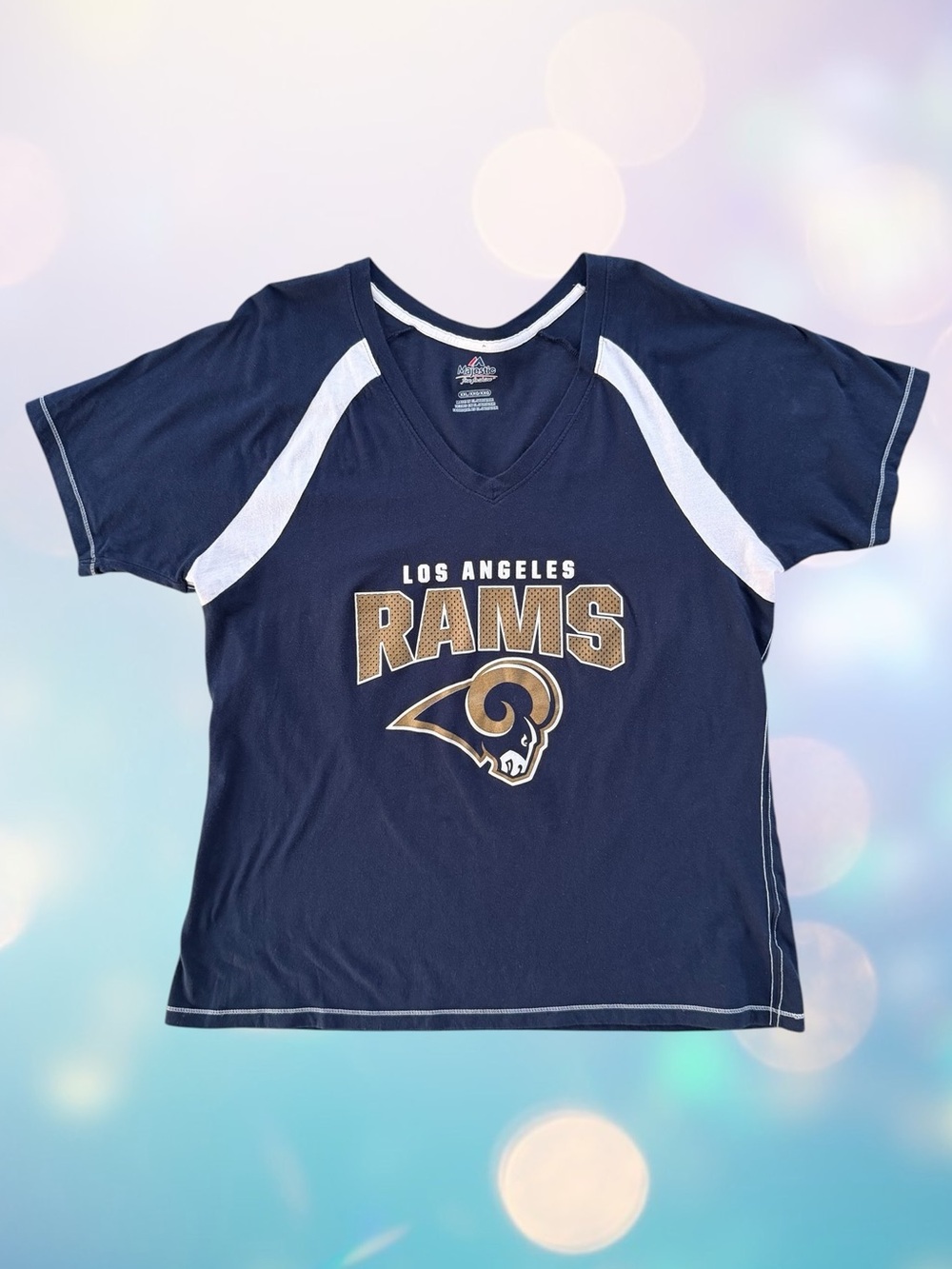 Majestic Navy Blue Los Angeles Rams Short Sleeve V-Neck Graphic Tee Women’s XXL